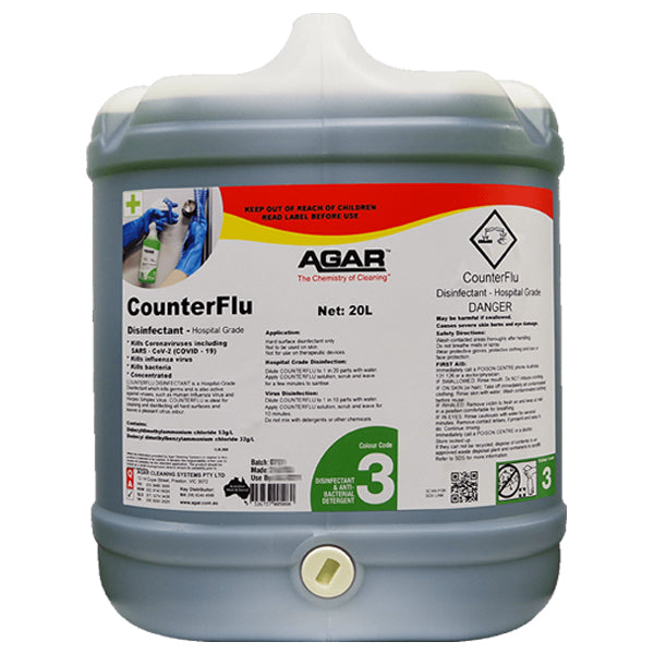 Agar | Counter Flu 20Lt Hospital Grade Disinfectant | Crystalwhite Cleaning Supplies Melbourne