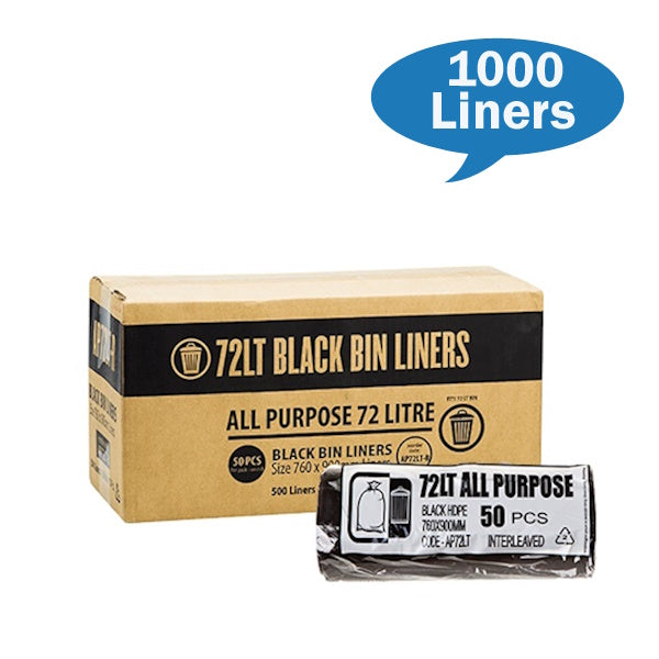 Austar Packaging | All Purpose 72Lt Black Bin Liners Rolls | Crystawhite Cleaning Supplies Melbourne