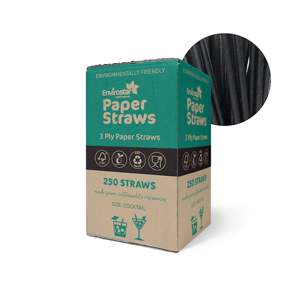 Envirostar | Paper Straws Premium 3 Ply Cocktail Black | Crystalwhite Cleaning Supplies Melbourne