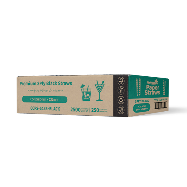 Envirostar | Paper Straws Premium 3 Ply Cocktail Black Box | Crystalwhite Cleaning Supplies Melbourne