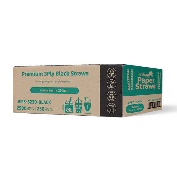 Envirostar | Paper Straws Premium 3 Ply Jumbo Black Carton | Crystalwhite Cleaning Supplies Melbourne