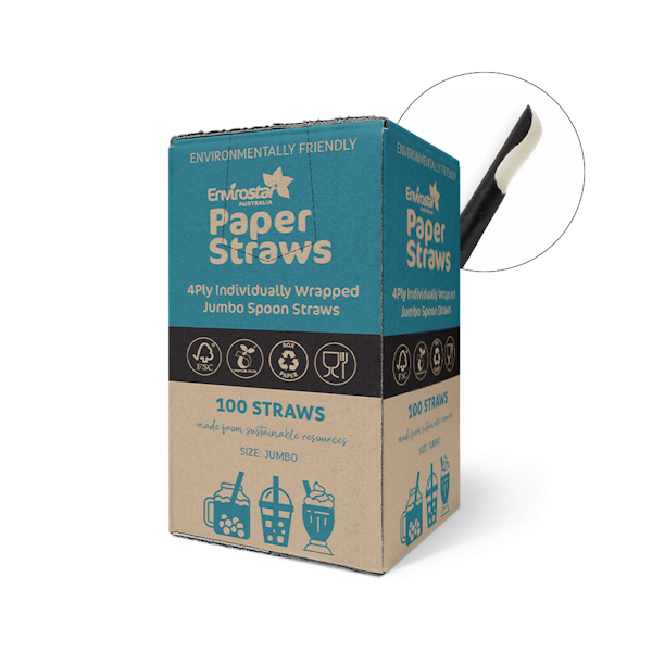 Envirostar | Paper Spoon Straw Black 4 Ply 250 | Crystalwhite Cleaning Supplies Melbourne