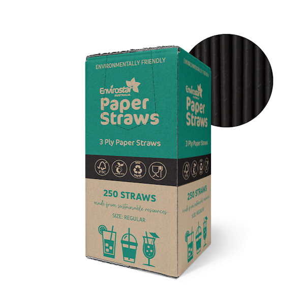 Envirostar | Paper Straws Premium 3 Ply Regular Black | Crystalwhite Cleaning Supplies Melbourne