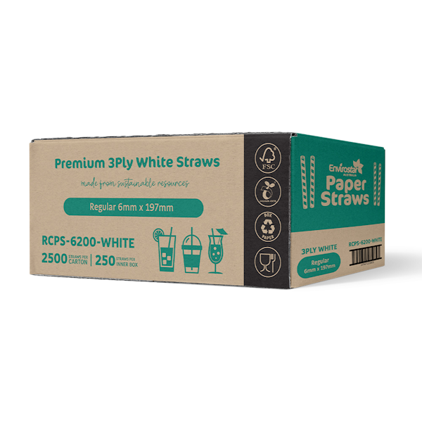 Envirostar | Paper Straws Premium 3 Ply Regular White Carton | Crystalwhite Cleaning Supplies Melbourne