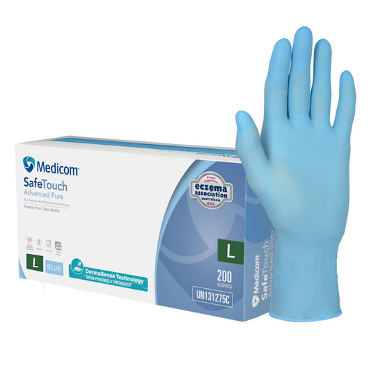 Medicom | SafeTouch Advance Pure Blue Nitrile Gloves Large - 200 Pack | Crystalwhite Cleaning Supplies Melbourne