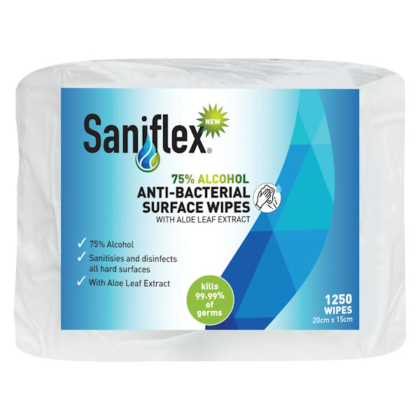 Saniflex | 75% Alcohol Antibacterial Surface Wipes 1250 Bag | Crystalwhite Cleaning Supplies Melbourne