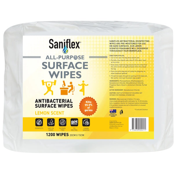 Saniflex | All Purpose Antibacterial Gym Wipes 1200 Bag | Crystalwhite Cleaning Supplies Melbourne